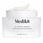 Medik8 C-Tetra Cream 50ml Lipid Vitamin C Radiance Cream in an open white jar, showcasing its rich, creamy texture against a clean white background.