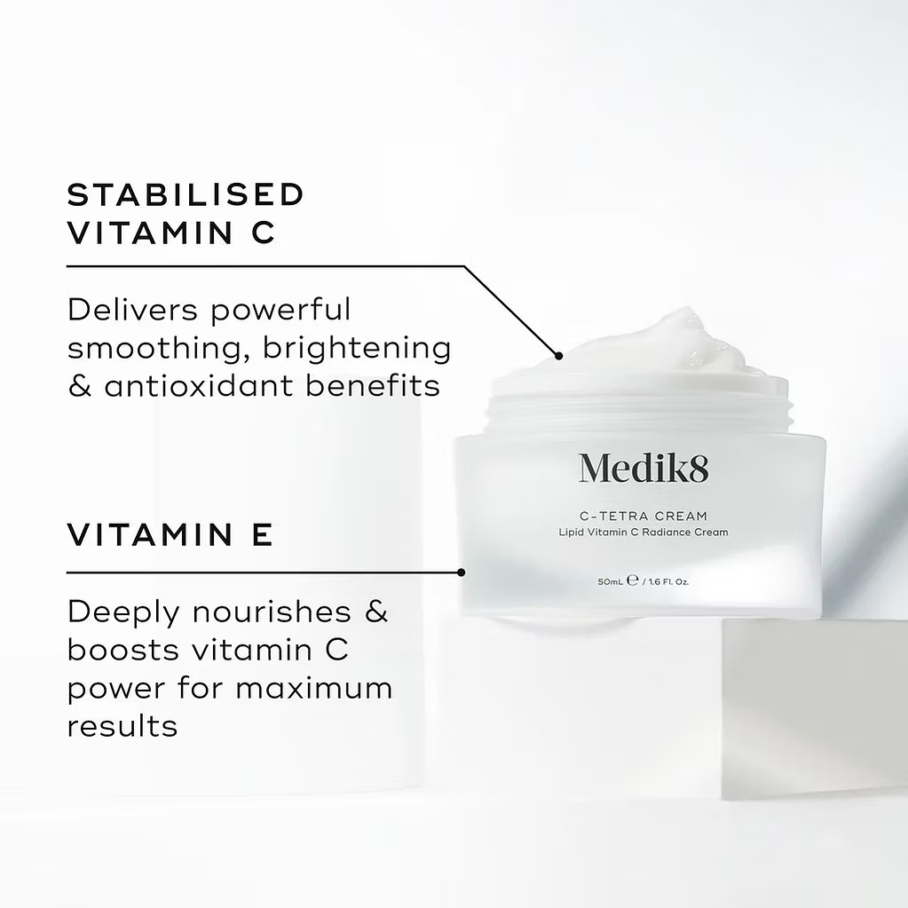 Medik8 C-Tetra Cream 50ml highlighting stabilised Vitamin C for skin brightening, smoothing and antioxidant protection, plus Vitamin E for nourishment and enhanced results.