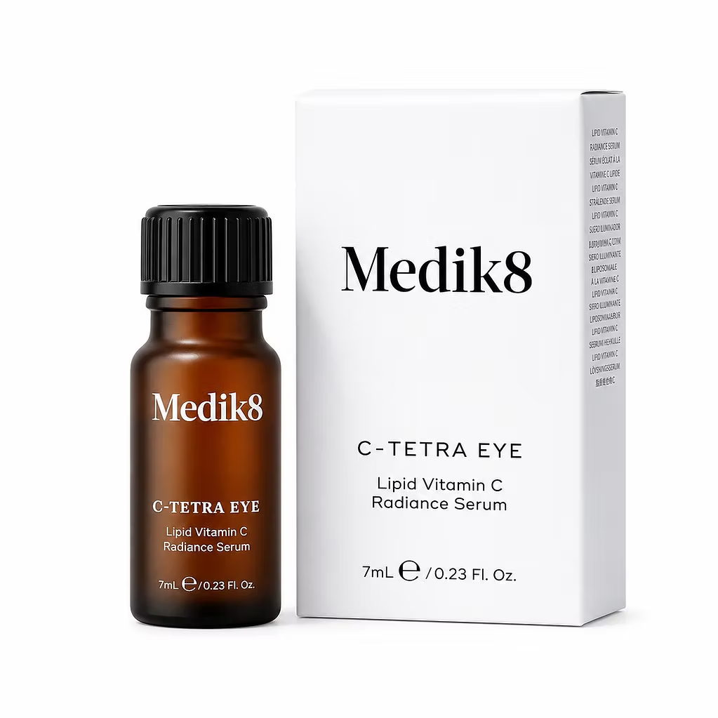 Medik8 C-Tetra Eye 7ml lipid vitamin C radiance serum in amber glass bottle with original product packaging on white background. 