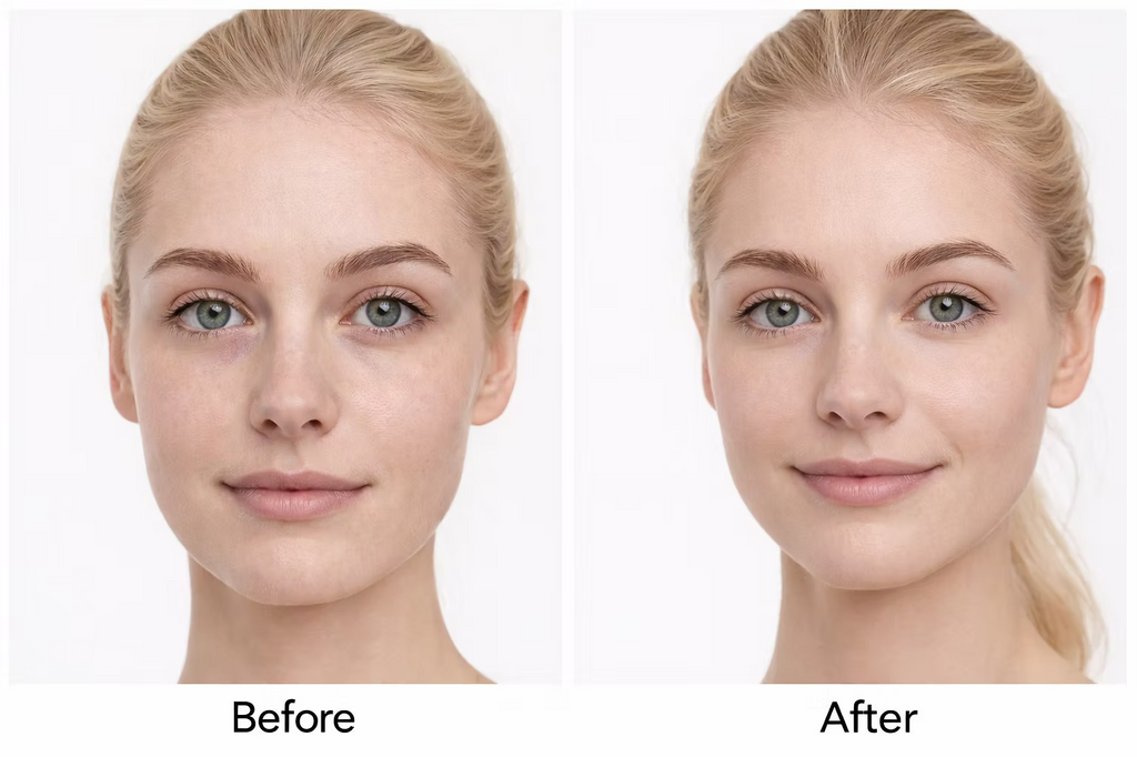 Before and after comparison of a woman's face showing a brighter, smoother-looking eye area, illustrating Medik8 C-Tetra Eye vitamin C serum skincare results.