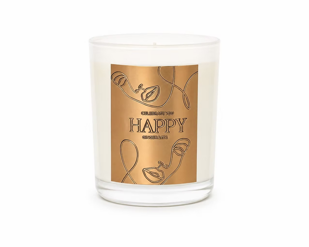 Ginger & Me Happy Scented Candle 500g in white glass with decorative gold label, from the Mindfulness Candle Collection.