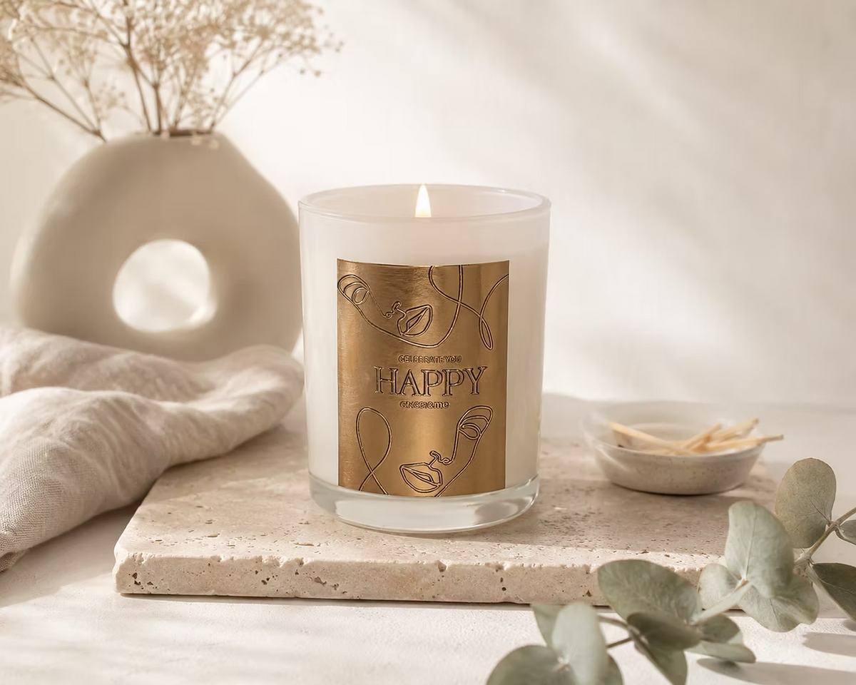 Ginger & Me Happy Scented Candle displayed on a neutral stone surface with soft decorative styling in a bright interior.