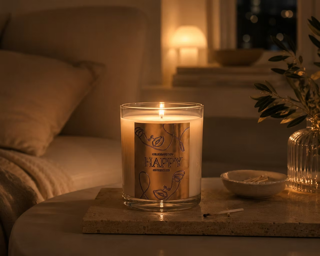 Lit Ginger & Me Happy Scented Candle creating a warm and inviting atmosphere in a cosy living room.