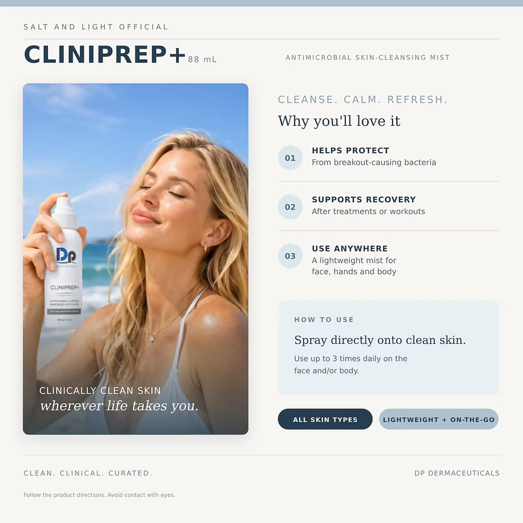 DP Dermaceuticals Cliniprep+ Spray 88ml infographic showing hypochlorous acid antimicrobial skin mist benefits, how to use and suitability for all skin types.