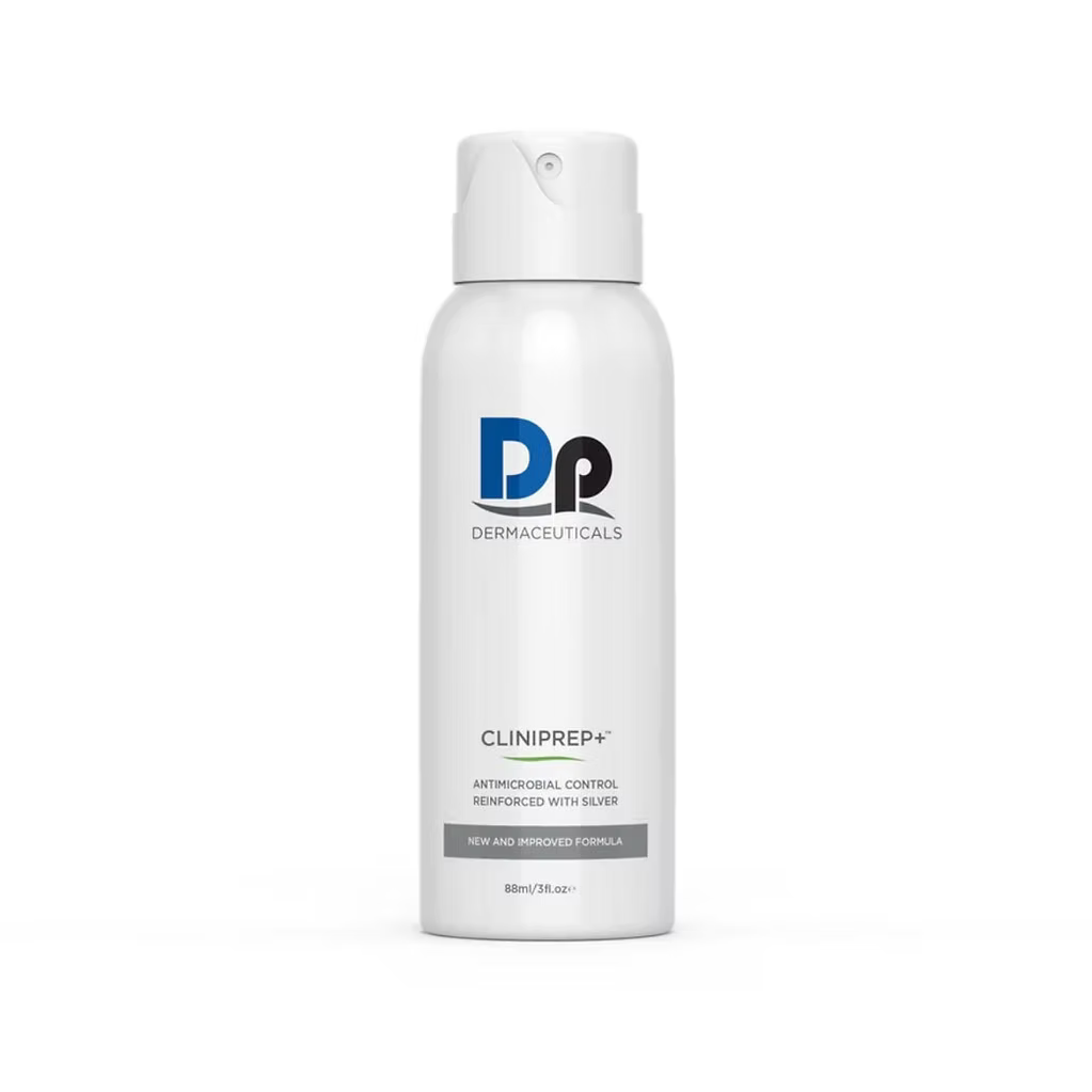 DP Dermaceuticals Cliniprep+ Spray 88ml antimicrobial skin cleanser in a white spray bottle with blue DP logo and silver-reinforced formula.