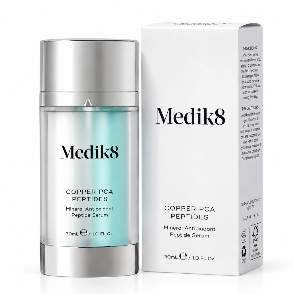 Medik8 Copper PCA Peptides Serum 30ml mineral antioxidant peptide serum in silver pump bottle with original white Medik8 packaging.
