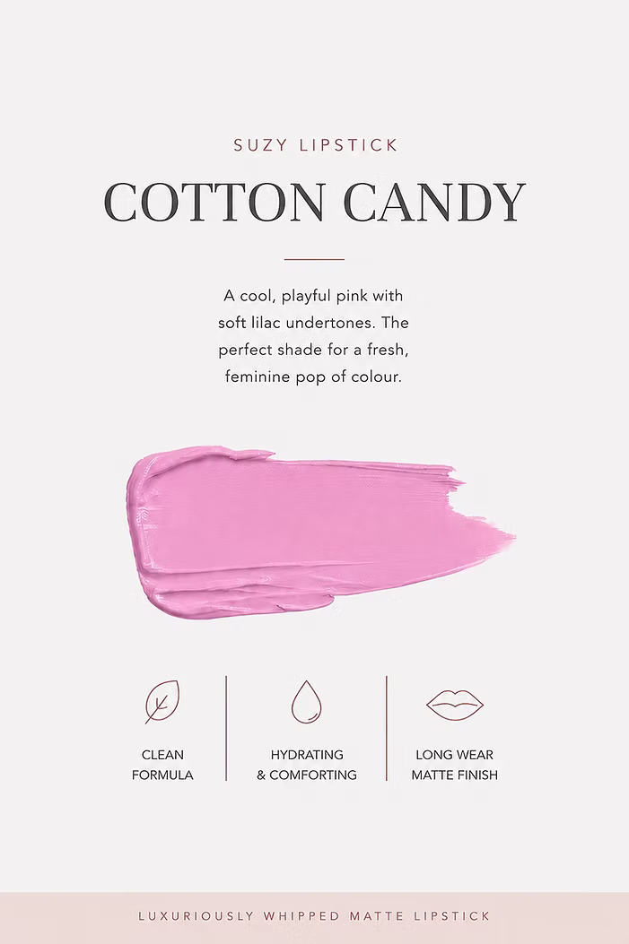 SUZY Cotton Candy whipped matte lipstick shade guide featuring a cool playful pink with soft lilac undertones and a pink lipstick swatch.