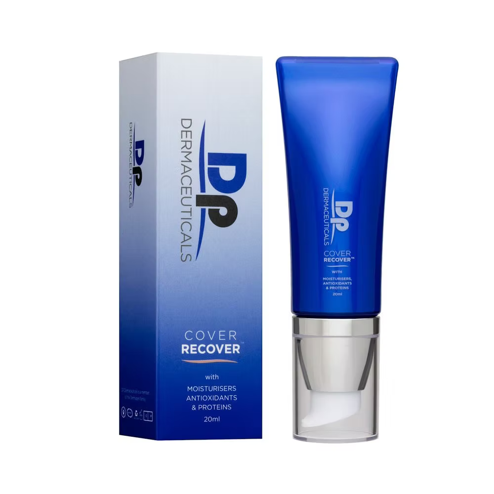 DP Dermaceuticals Cover Recover SPF30 Clear 20ml sunscreen tube with blue and white product packaging. Copy