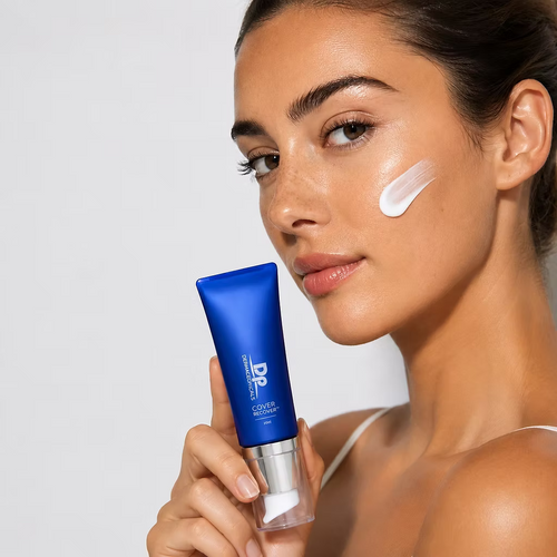 Model holding DP Dermaceuticals Cover Recover SPF30 Clear 20ml with a swatch of sunscreen cream on her cheek.