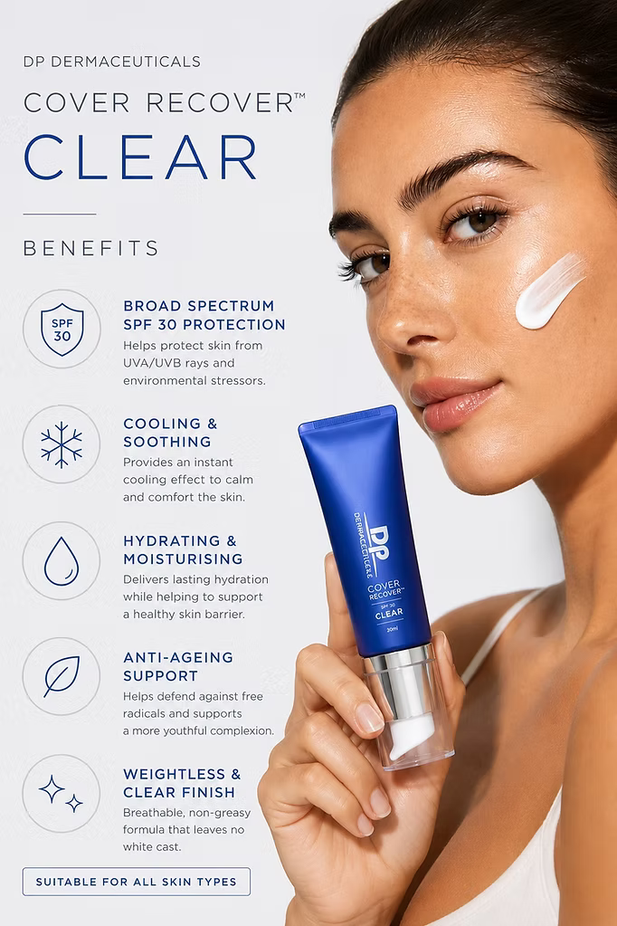 DP Dermaceuticals Cover Recover SPF30 Clear 20ml benefits infographic showing sun protection, cooling, hydration, anti-ageing support and a weightless finish.