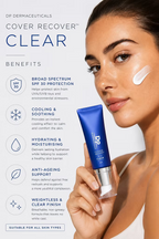 DP Dermaceuticals Cover Recover SPF30 Clear 20ml benefits infographic showing sun protection, cooling, hydration, anti-ageing support and a weightless finish.