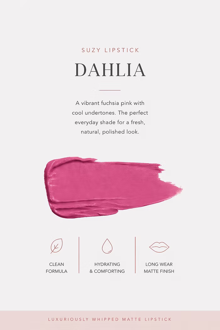 SUZY Dahlia Whipped Matte Lipstick in vibrant fuchsia berry pink, featuring a creamy lipstick swatch with cool undertones and a soft matte finish.