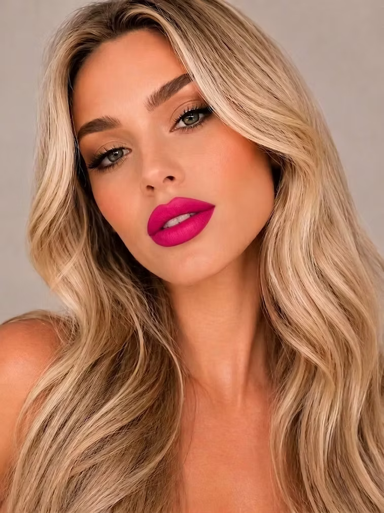 Model wearing SUZY Dahlia Berry Pink Whipped Matte Lipstick, showcasing vibrant berry pink lips with a soft matte finish.