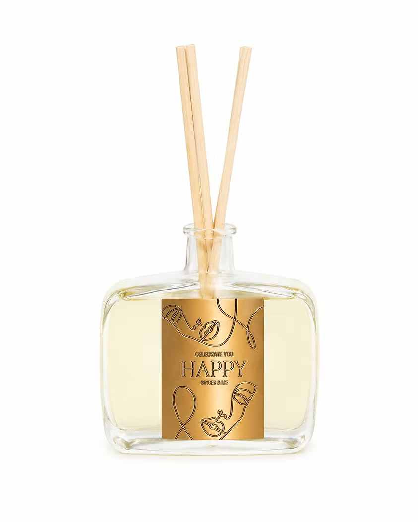 Ginger & Me Happy Mindfulness Reed Diffuser 350ml with Sparkling Clementine fragrance in glass bottle with natural reeds