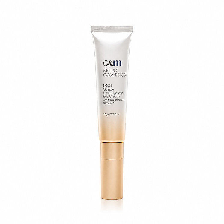 Ginger & Me Quinoa Lift & Hydrate Eye Cream 20g in white tube with gold applicator on white background