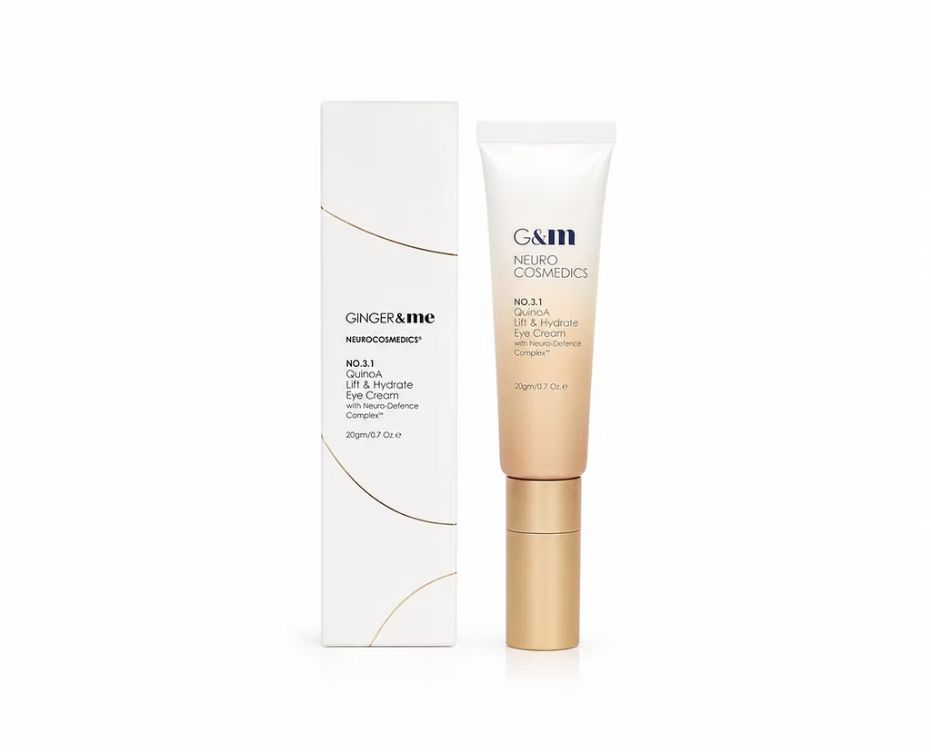 Ginger & Me Quinoa Lift & Hydrate Eye Cream 20g tube displayed beside its white product box