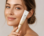 Woman holding Ginger & Me Quinoa Lift & Hydrate Eye Cream beside her face