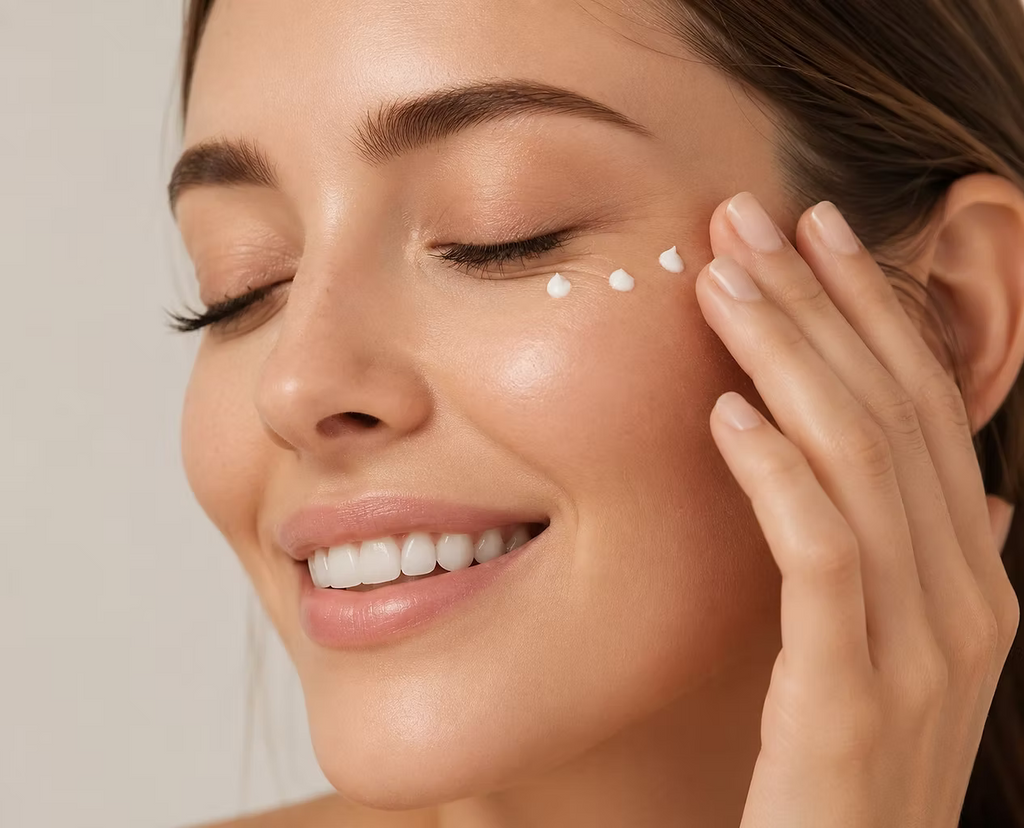 Woman gently applying eye cream around her eye with fingertips