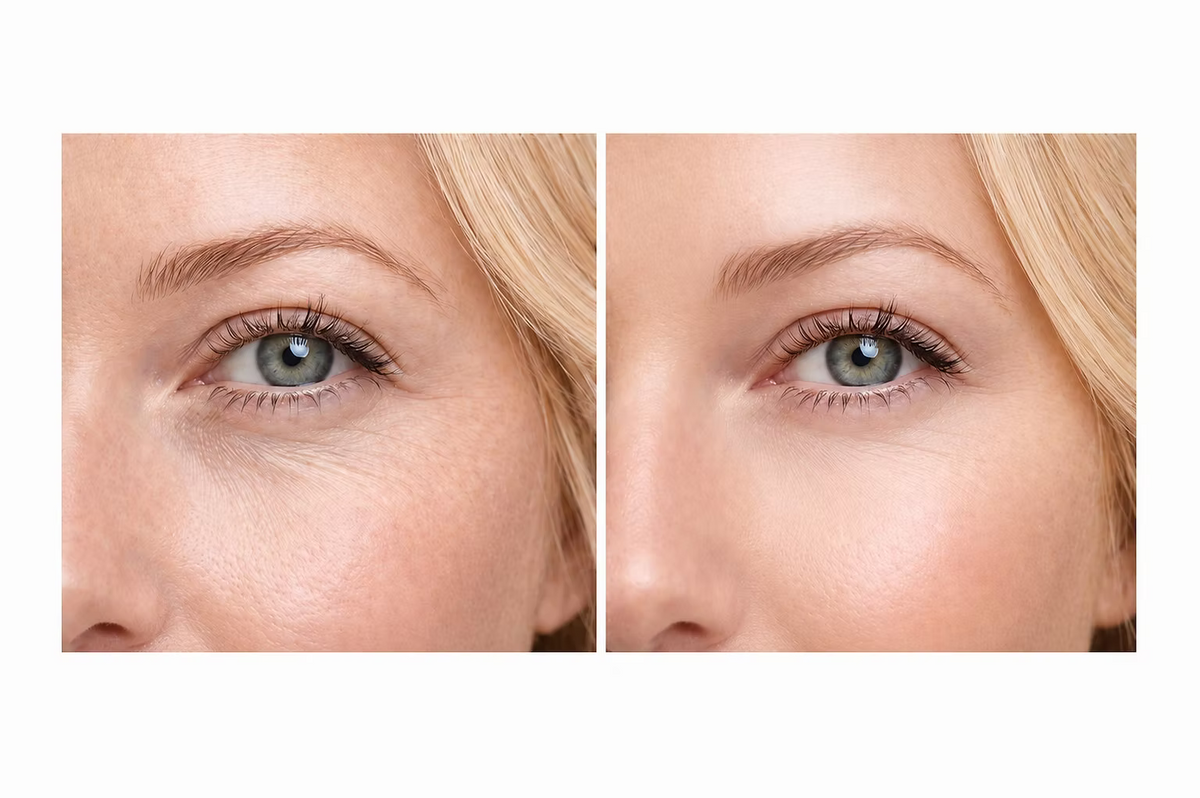 Side-by-side close-up comparison photographs of the under-eye area