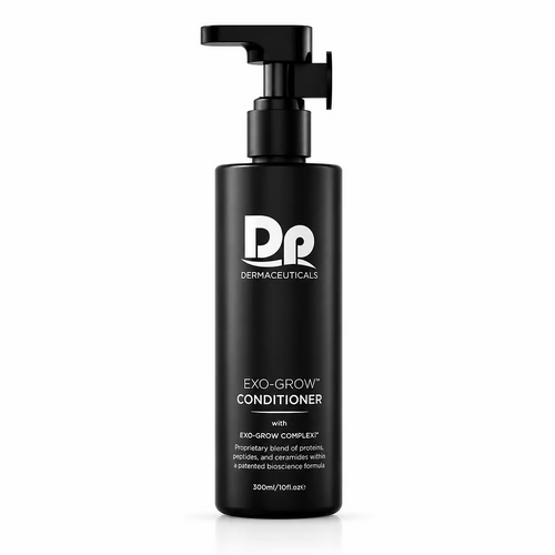 DP Dermaceuticals EXO-GROW Conditioner 300ml black pump bottle, professional hair conditioner for thinning and fragile hair, on white background.