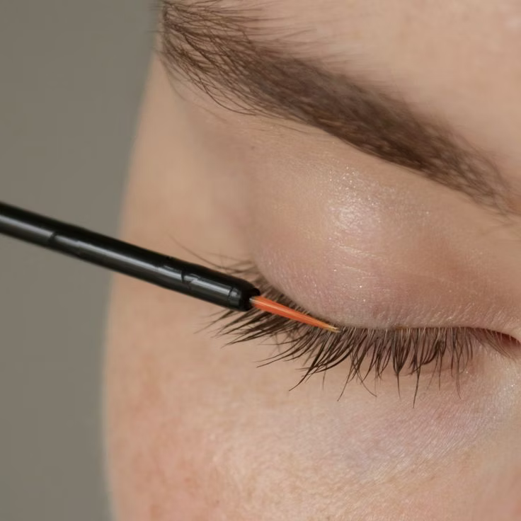 Close-up of EXO-GROW Lash & Brow Serum being applied along the upper lash line