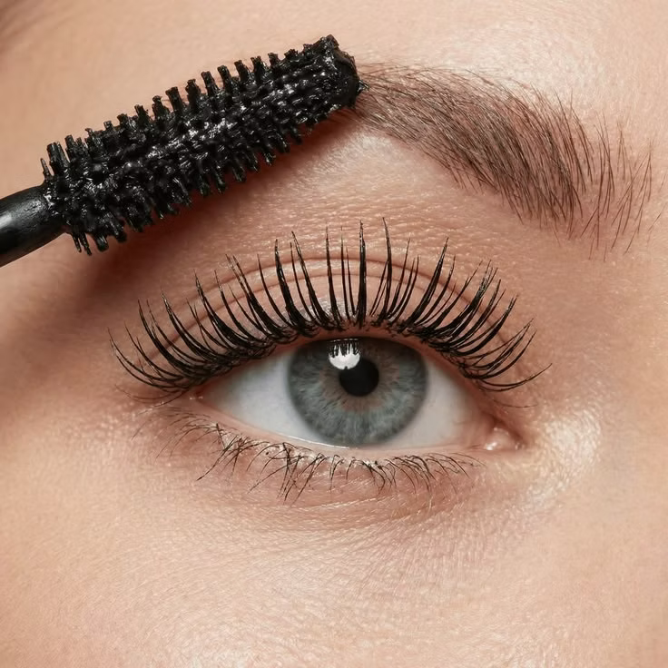 Close-up of long, full-looking eyelashes and defined eyebrows showcasing lash and brow beauty