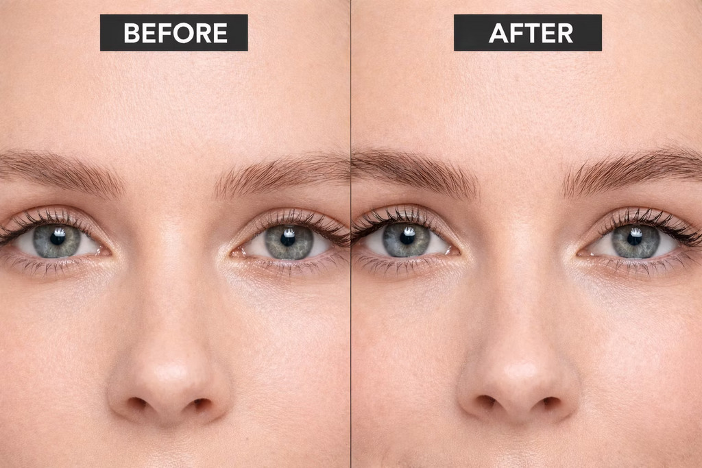 Before and after comparison showing the appearance of eyelashes and eyebrows with fuller-looking results