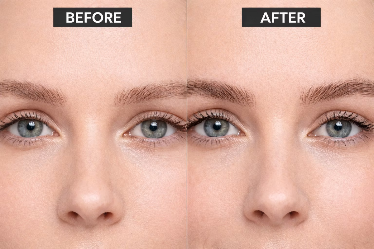Before and after comparison showing the appearance of eyelashes and eyebrows with fuller-looking results