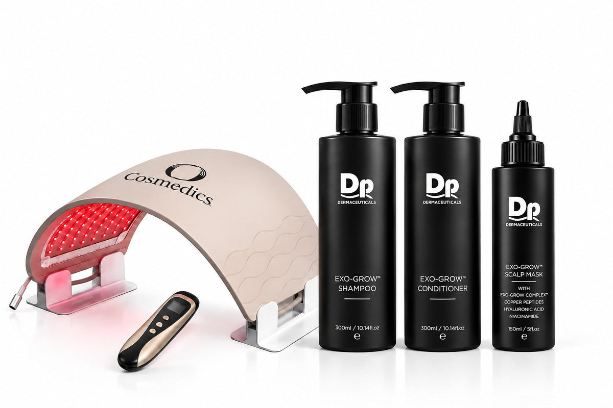 EXO-GROW Complete Hair and Scalp System Bundle with O Cosmedics LED device, EXO-GROW Shampoo 300ml, Conditioner 300ml and Exfoliating Scalp Mask 150ml.