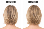 Before and after comparison of blonde hair showing improved hair density and fuller-looking coverage at the crown, associated with DP Dermaceuticals EXO-GROW hair care.