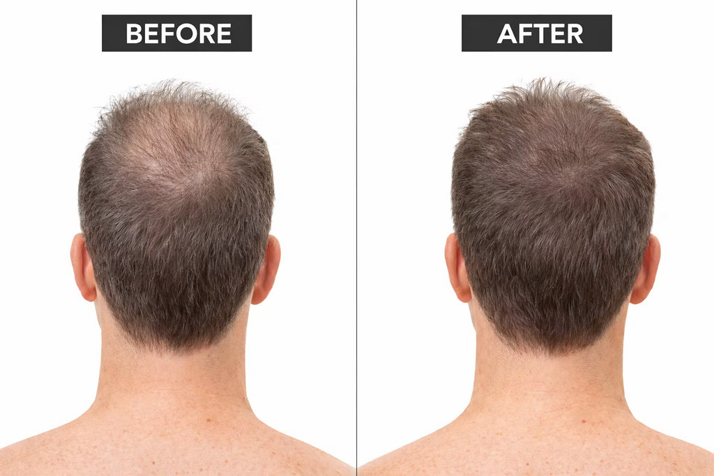 Before and after comparison of a man's thinning hair at the crown, showing visibly fuller hair coverage and improved density in the after image. DP Dermaceuticals EXO-GROW hair care.