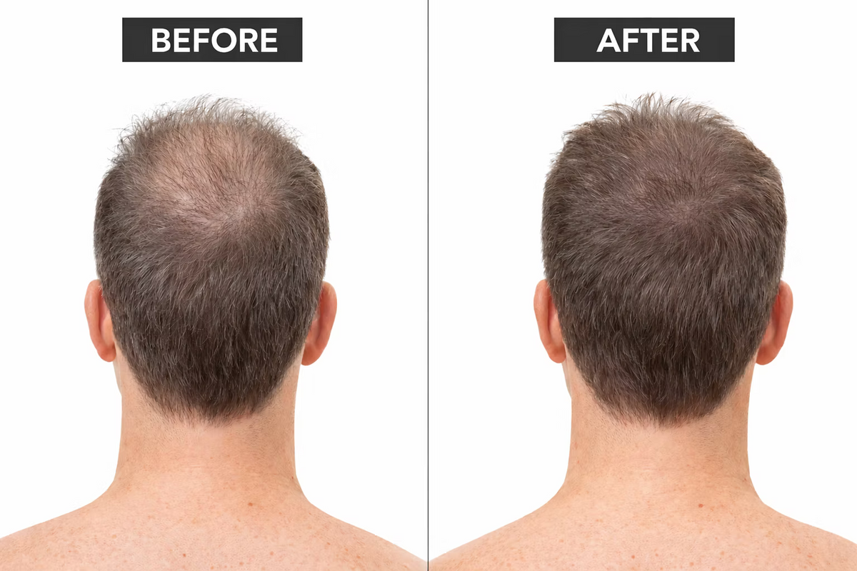 Before and after comparison of a man's thinning hair at the crown, showing visibly fuller hair coverage and improved density in the after image. DP Dermaceuticals EXO-GROW hair care.