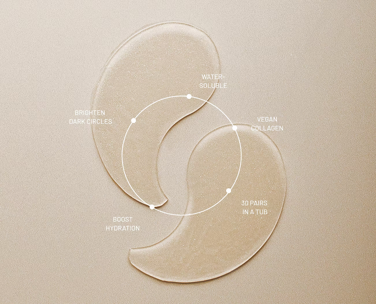 Close-up of translucent Ginger & Me Hydra-Glow under-eye patches designed to hydrate and smooth the eye area.