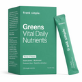 Frank Simple Greens Vital Daily Nutrients Mango & Papaya 196g box with 28 single-serve greens powder sachets, featuring super greens and prebiotic fibre.