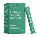 Frank Simple Greens Vital Daily Nutrients Mango & Papaya 196g box with 28 single-serve greens powder sachets, featuring super greens and prebiotic fibre.