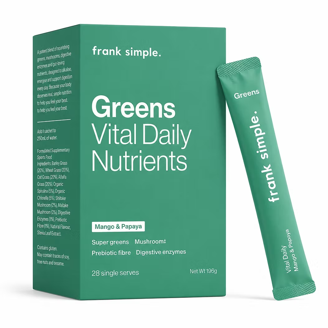 Frank Simple Greens Vital Daily Nutrients Mango & Papaya 196g box with 28 single-serve greens powder sachets, featuring super greens and prebiotic fibre.