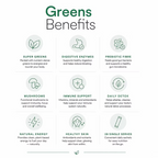 Frank Simple Greens Vital Daily Nutrients benefits infographic highlighting super greens, digestive enzymes, prebiotic fibre, mushrooms, immune support, natural energy and 28 single serves.