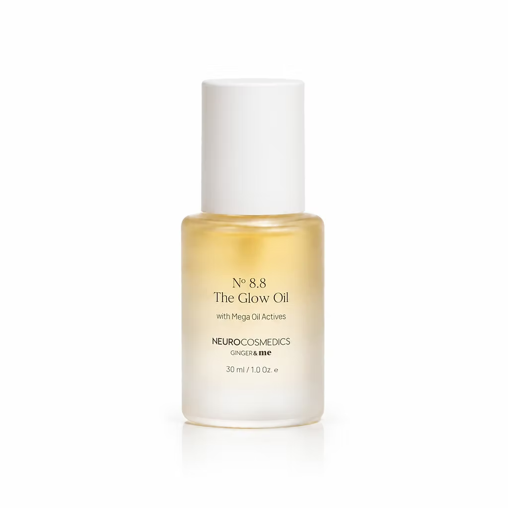 Ginger & Me The Glow Oil 30ml facial oil in a frosted glass bottle with white cap, for face, neck and décolletage.