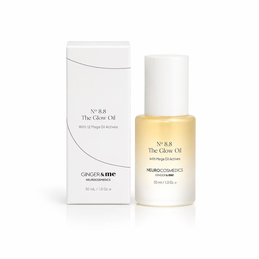 Ginger & Me The Glow Oil 30ml nourishing facial oil displayed alongside its white product packaging.