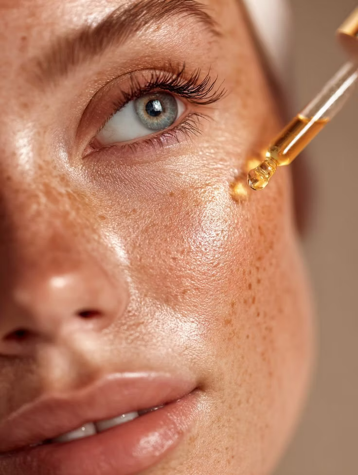 Close-up of a woman applying golden facial oil with a dropper to her cheek for a radiant-looking complexion.