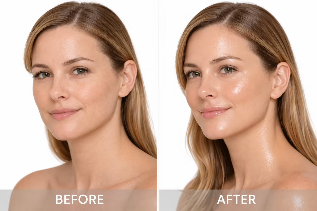 Side-by-side before and after skincare photographs showing a woman's complexion, featured with Ginger & Me The Glow Oil.