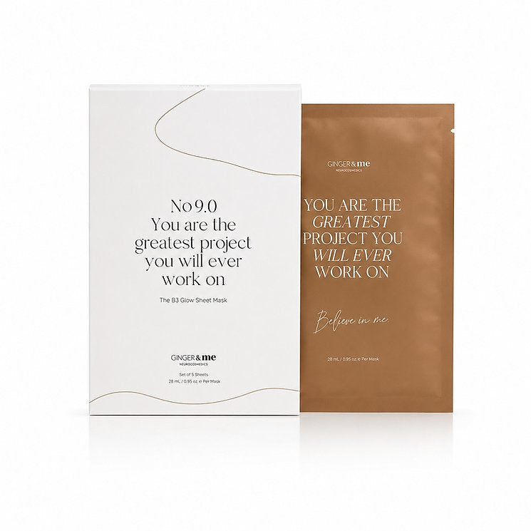 Ginger & Me B3 Glow Sheet Masks pack of 5 in white and bronze packaging on a white background