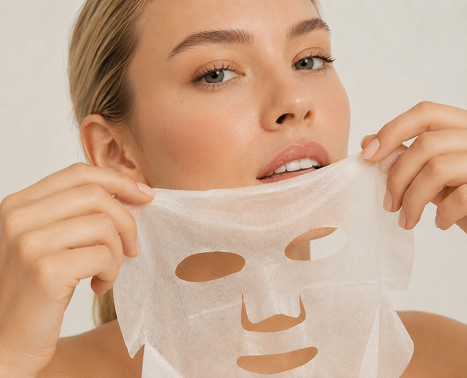 Woman positioning a white Ginger & Me B3 Glow sheet mask over her face