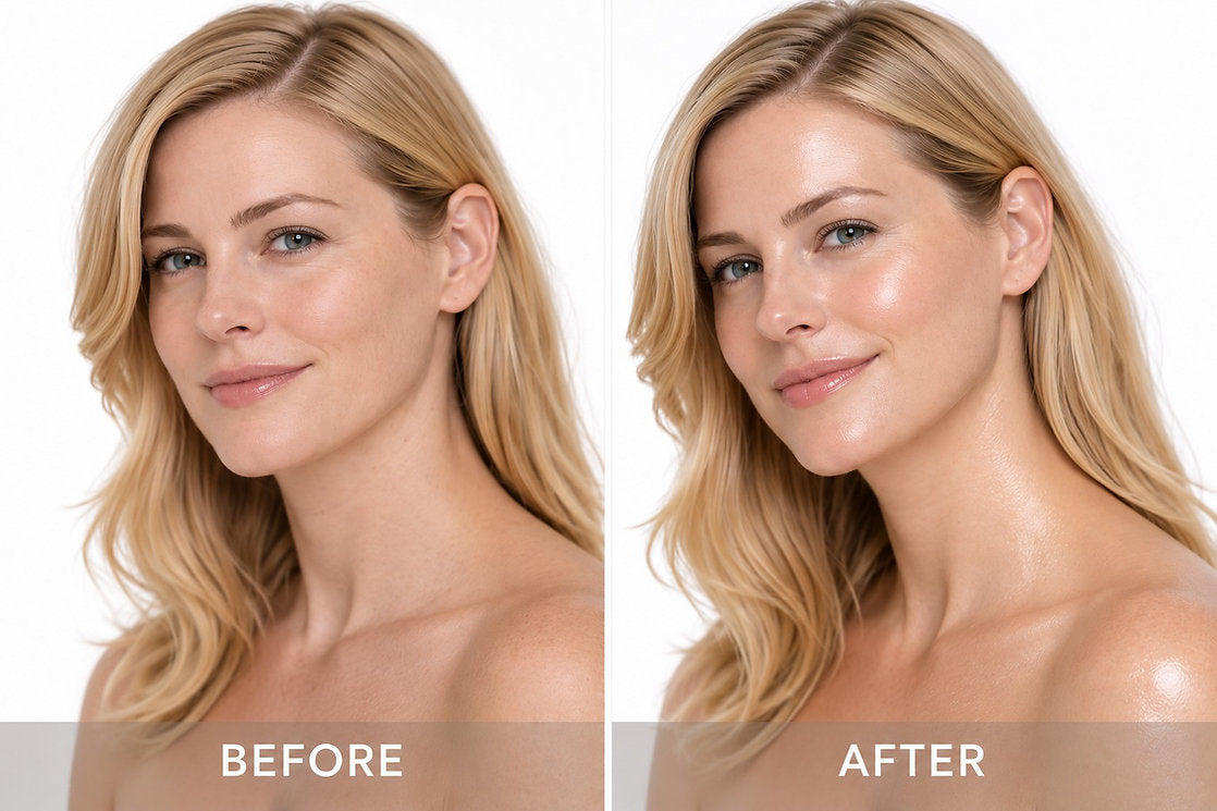Side-by-side before and after facial photographs showing a woman's skin