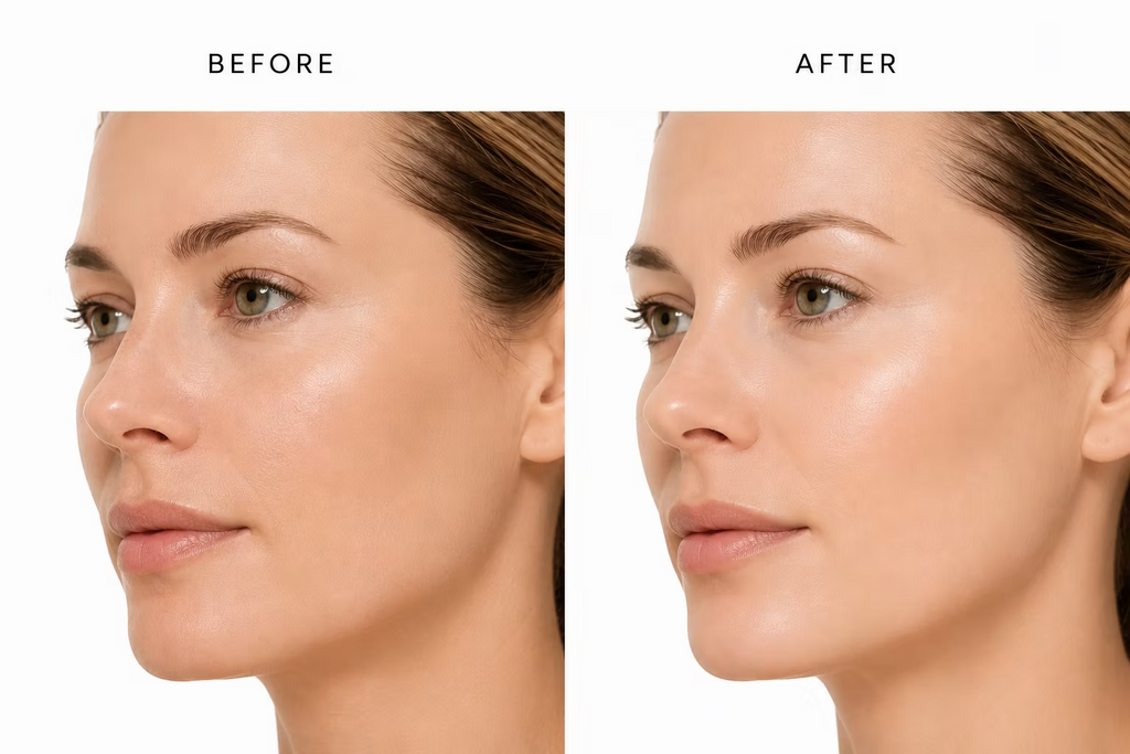 Before and after comparison of a woman's facial skin, illustrating a smoother, more hydrated and radiant-looking complexion for the Ginger & Me Hydration Hero Skincare Bundle. 