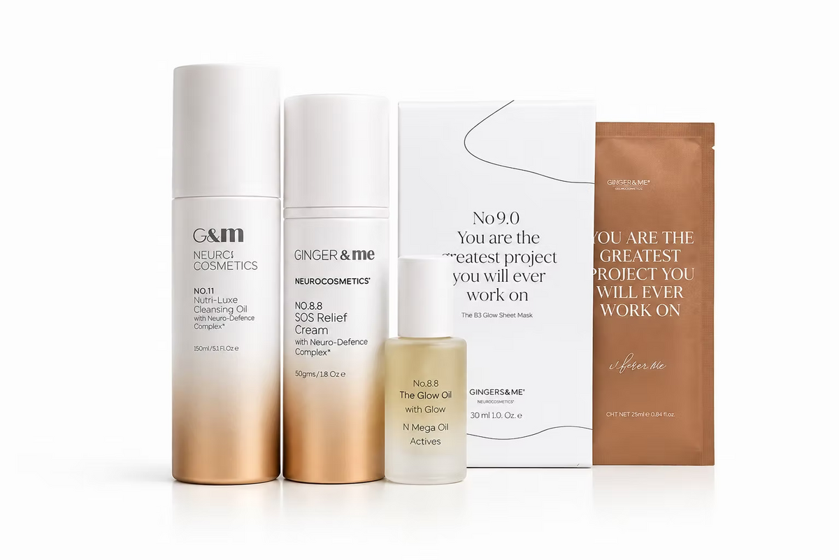 Ginger & Me Hydration Hero Skincare Bundle featuring Nutri-Luxe Cleansing Oil, SOS Relief Cream, The Glow Oil and B3 Glow Sheet Mask for hydrated, radiant-looking skin. 