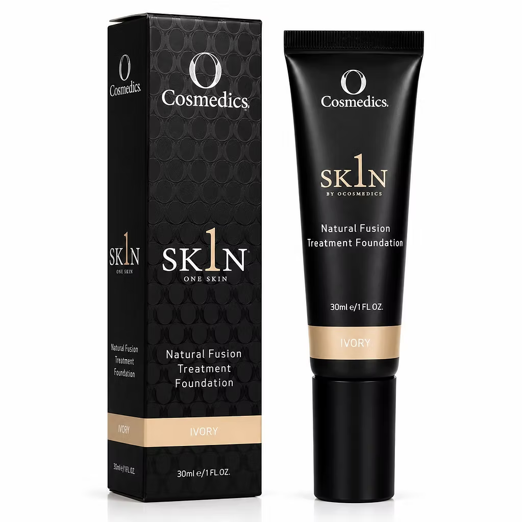 O Cosmedics 1SKIN Treatment Fusion Foundation Ivory 30mL with black product packaging