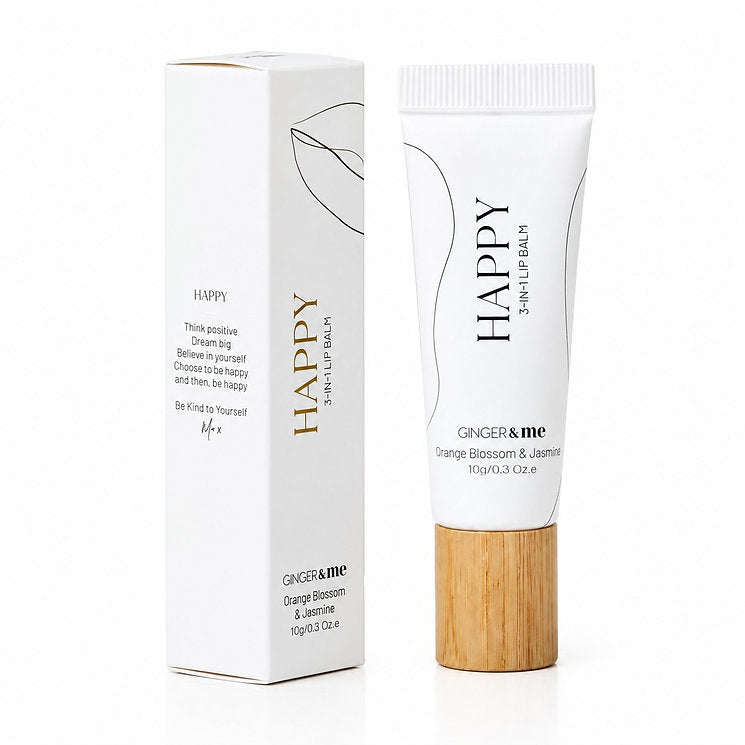 Ginger & Me Happy 3 In 1 Lip Balm 10ml with white tube, natural wood-look cap and matching product box.