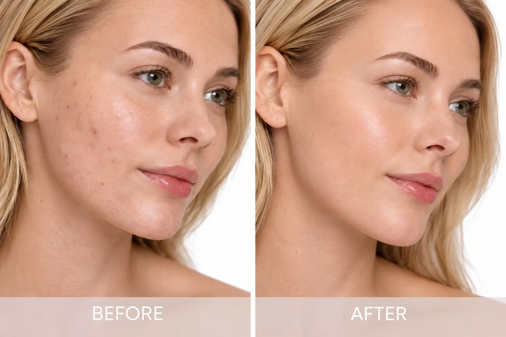 Side-by-side facial skin comparison featured with DP Dermaceuticals Micro Derm Exfoliant