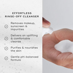 Medik8 gentle rinse-off foaming cleanser removing makeup, sunscreen and impurities with a nourishing, pH-balanced formula. Image shows foam texture and key cleansing benefits.